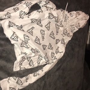 White cropped hoodie with pizza prints all over it